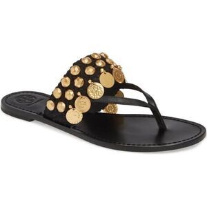 Size 7 Tory Burch Patos Coin Thong Sandal - Black with Gold Accents